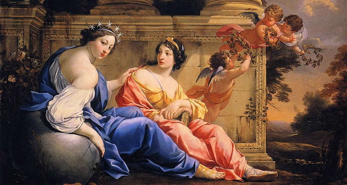 Zeigt mittig die Muse der Eloquenz, Elegie, Wissenschaft, Dichtung und Philosophie