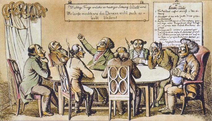 Die Karikatur zeigt die "Denker", die nun als Demagogen verfolgt werden und der Meinungsfreiheit beraubt wurden.