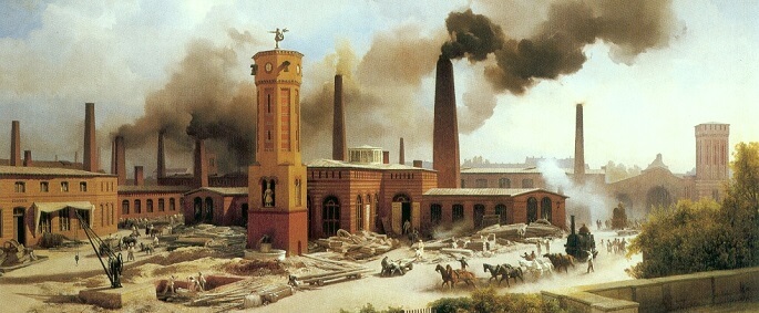 Arbeiter vor einer Lokomotivfabrik in der Industrialisierung