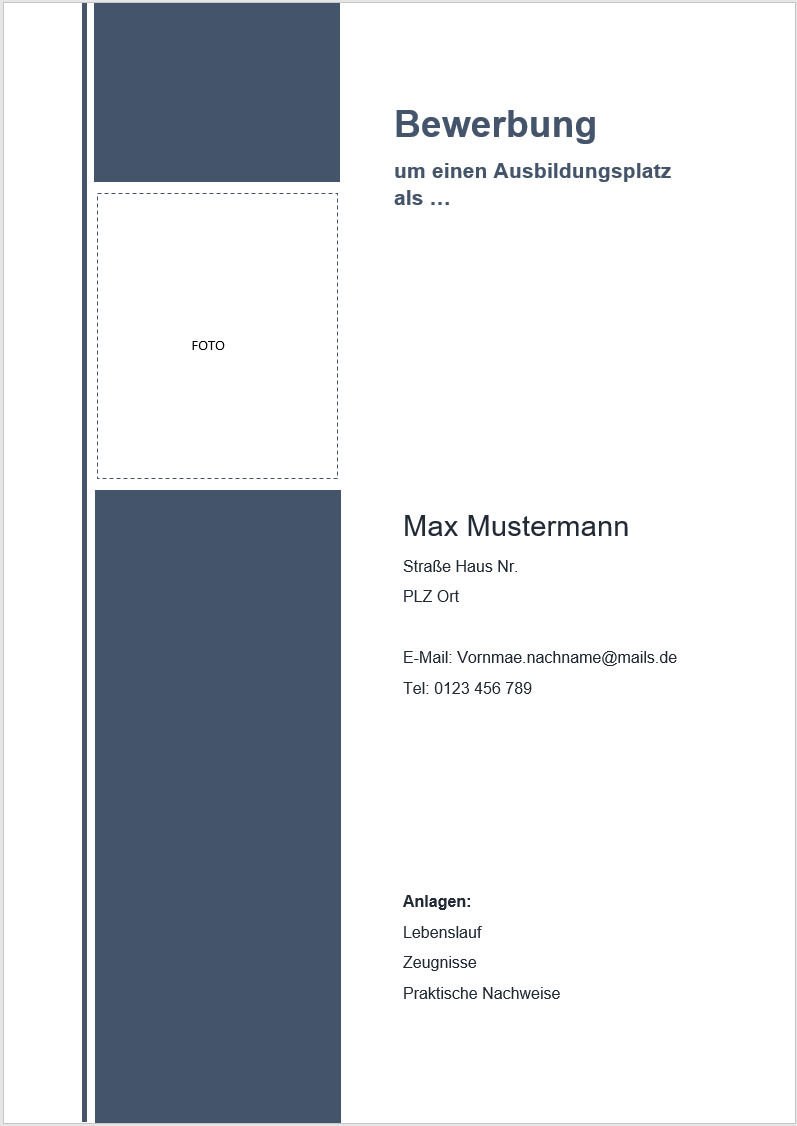 Vorlage Deckblatt Bewerbung
